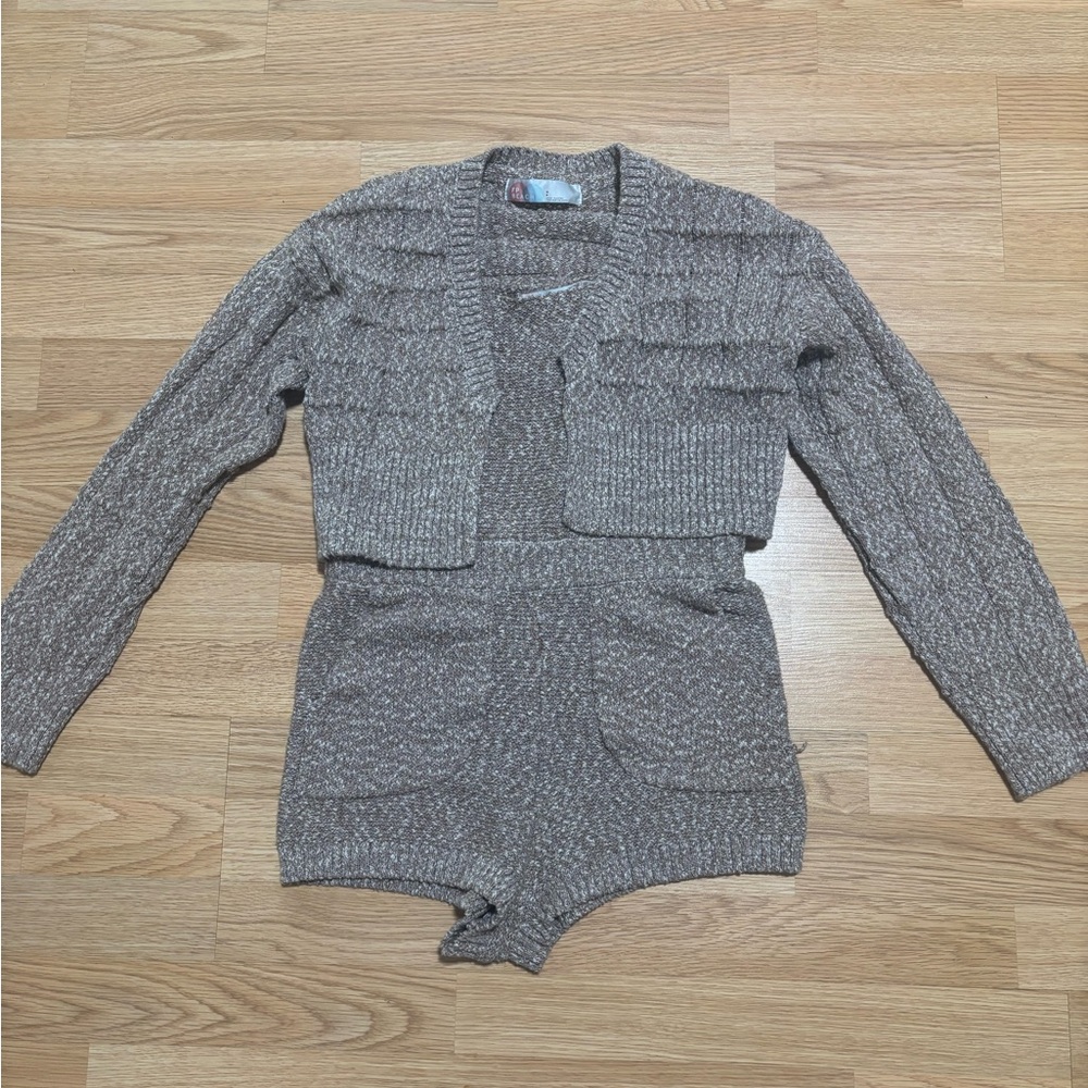“Free People” tan knit jumpsuit with matching cardigan size Small like new
